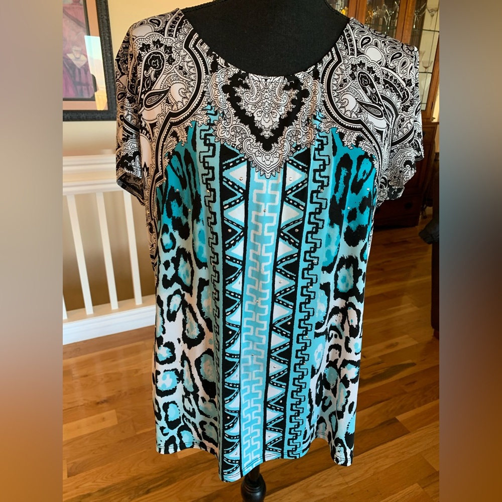 Peter Nygard Black and Turquoise Geometric Blouse
